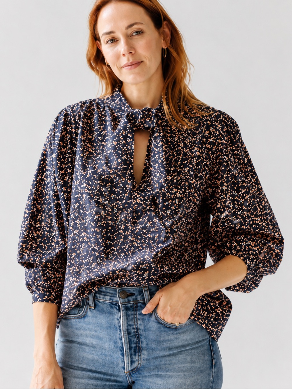 MIRTH Venice Tie Neck Blouse in Bonfire Ditsy Floral Cotton Navy Peach Small